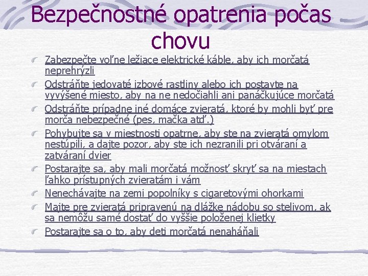Bezpečnostné opatrenia počas chovu Zabezpečte voľne ležiace elektrické káble, aby ich morčatá neprehrýzli Odstráňte