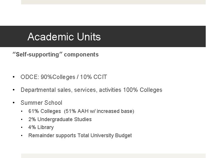 Academic Units “Self-supporting” components • ODCE: 90%Colleges / 10% CCIT • Departmental sales, services,