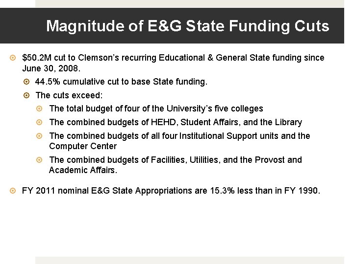 Magnitude of E&G State Funding Cuts $50. 2 M cut to Clemson’s recurring Educational