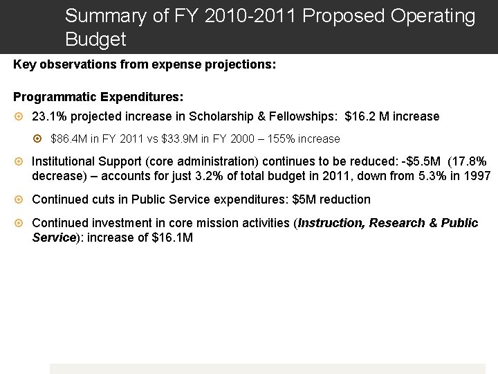 Summary of FY 2010 -2011 Proposed Operating Budget Key observations from expense projections: Programmatic