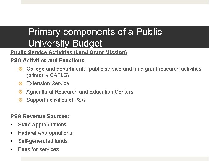 Primary components of a Public University Budget Public Service Activities (Land Grant Mission) PSA