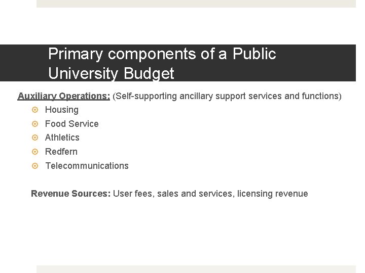 Primary components of a Public University Budget Auxiliary Operations: (Self-supporting ancillary support services and