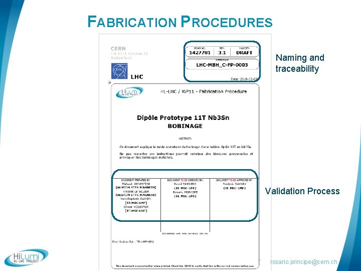 FABRICATION PROCEDURES Naming and traceability Validation Process rosario. principe@cern. ch 