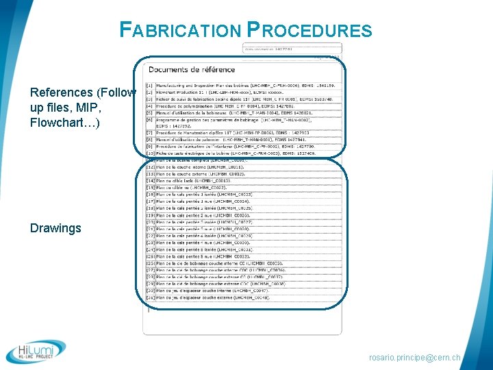 FABRICATION PROCEDURES References (Follow up files, MIP, Flowchart…) Drawings rosario. principe@cern. ch 