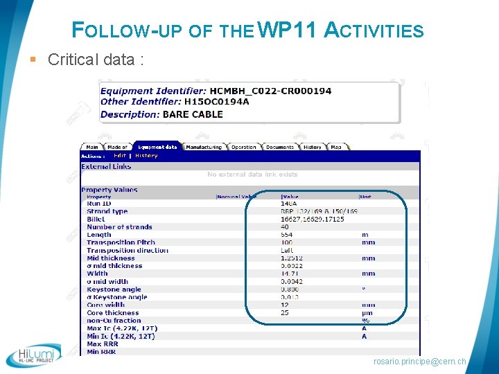 FOLLOW-UP OF THE WP 11 ACTIVITIES § Critical data : rosario. principe@cern. ch 