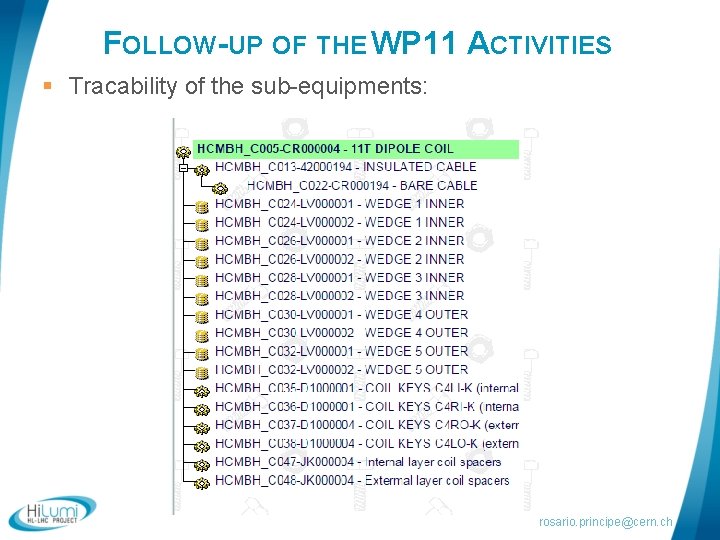 FOLLOW-UP OF THE WP 11 ACTIVITIES § Tracability of the sub-equipments: rosario. principe@cern. ch