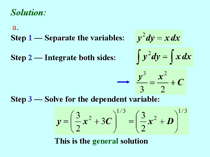 Solution: a. Step 1 — Separate the variables: Step 2 — Integrate both sides: