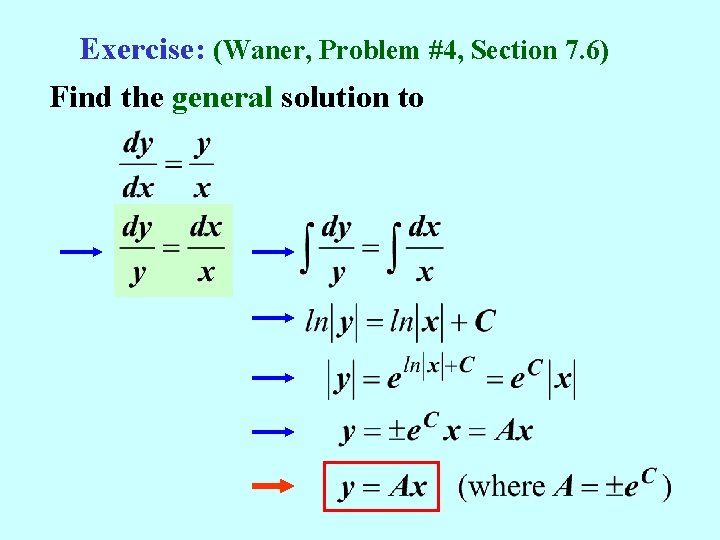 Exercise: (Waner, Problem #4, Section 7. 6) Find the general solution to 