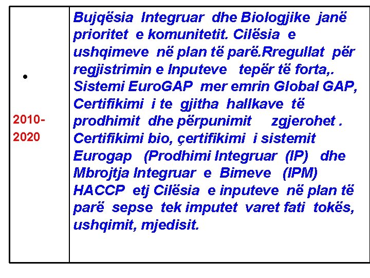  • 20102020 Bujqësia Integruar dhe Biologjike janë prioritet e komunitetit. Cilësia e ushqimeve