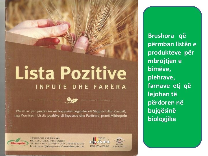 Brushora që përmban listën e produkteve për mbrojtjen e bimëve, plehrave, farnave etj që