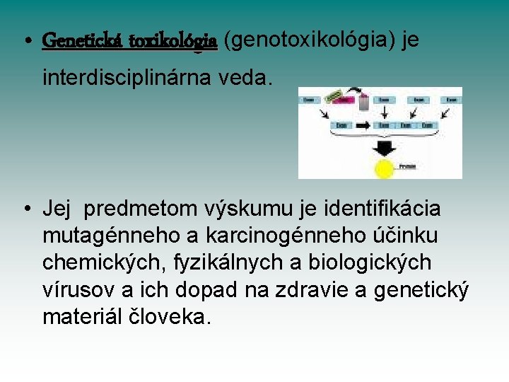  • Genetická toxikológia (genotoxikológia) je interdisciplinárna veda. • Jej predmetom výskumu je identifikácia