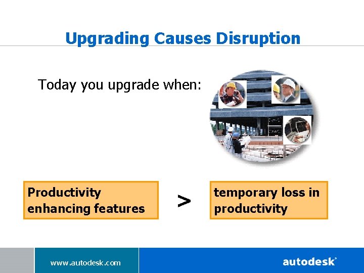 Upgrading Causes Disruption Today you upgrade when: Productivity enhancing features www. autodesk. com >