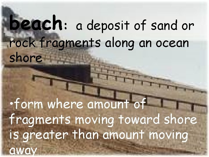 beach: a deposit of sand or rock fragments along an ocean shore • form