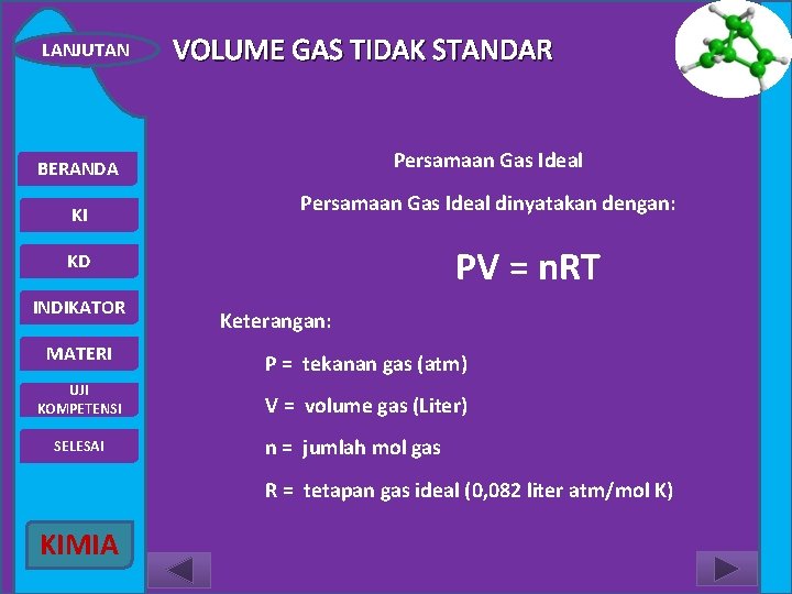 LANJUTAN VOLUME GAS TIDAK STANDAR Persamaan Gas Ideal BERANDA KI Persamaan Gas Ideal dinyatakan