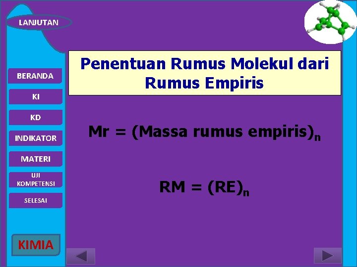 LANJUTAN BERANDA KI KD INDIKATOR Penentuan Rumus Molekul dari Rumus Empiris Mr = (Massa