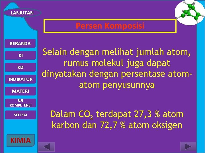 LANJUTAN Persen Komposisi BERANDA KI KD INDIKATOR MATERI Selain dengan melihat jumlah atom, rumus