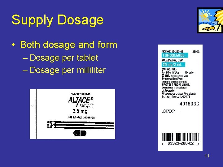 Supply Dosage • Both dosage and form – Dosage per tablet – Dosage per