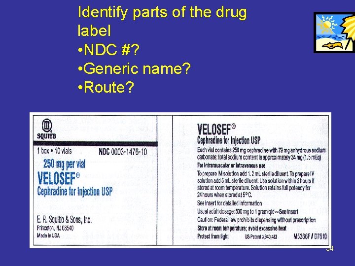 Identify parts of the drug label • NDC #? • Generic name? • Route?