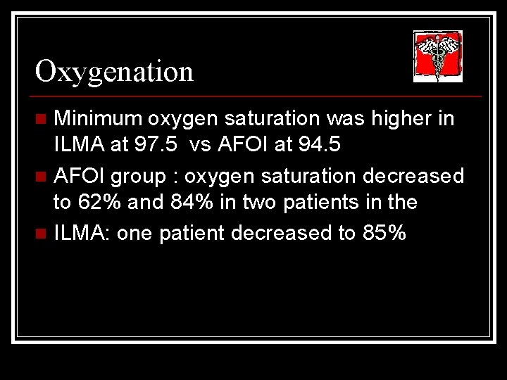Oxygenation Minimum oxygen saturation was higher in ILMA at 97. 5 vs AFOI at