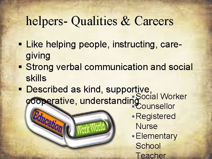 helpers- Qualities & Careers § Like helping people, instructing, caregiving § Strong verbal communication