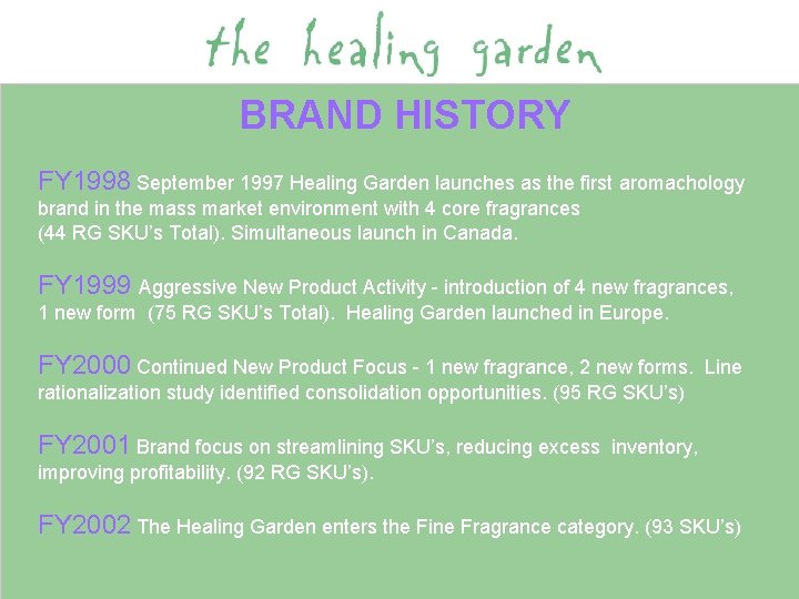 BRAND HISTORY FY 1998 September 1997 Healing Garden launches as the first aromachology brand