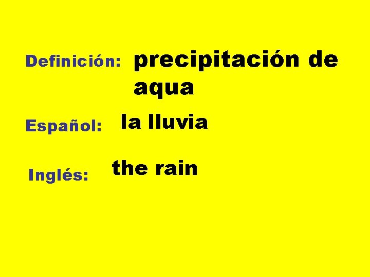 Definición: Español: Inglés: precipitación de aqua la lluvia the rain 