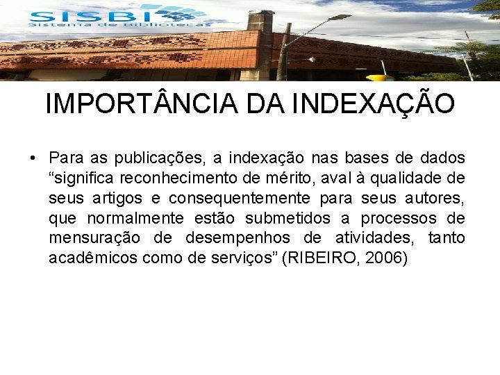 IMPORT NCIA DA INDEXAÇÃO • Para as publicações, a indexação nas bases de dados