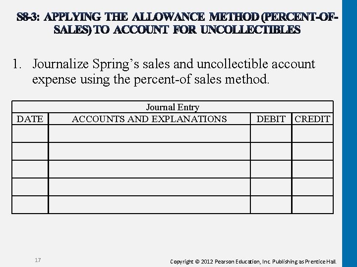 1. Journalize Spring’s sales and uncollectible account expense using the percent-of sales method. DATE