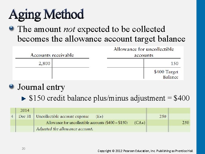 Aging Method The amount not expected to be collected becomes the allowance account target