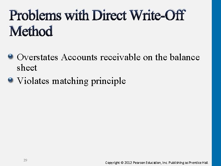 Problems with Direct Write-Off Method Overstates Accounts receivable on the balance sheet Violates matching