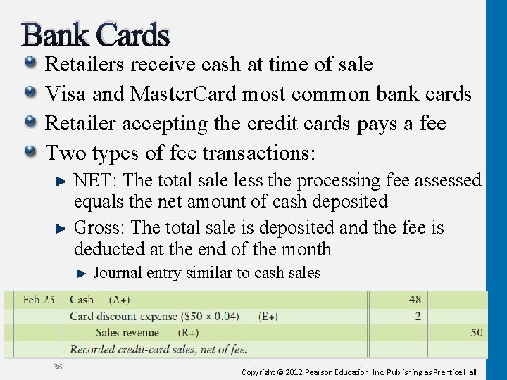 Bank Cards Retailers receive cash at time of sale Visa and Master. Card most