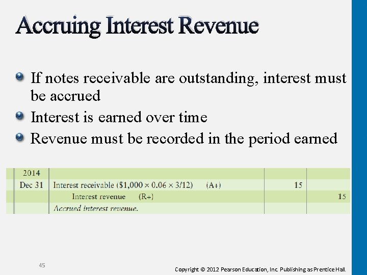 Accruing Interest Revenue If notes receivable are outstanding, interest must be accrued Interest is