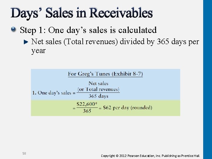 Days’ Sales in Receivables Step 1: One day’s sales is calculated Net sales (Total