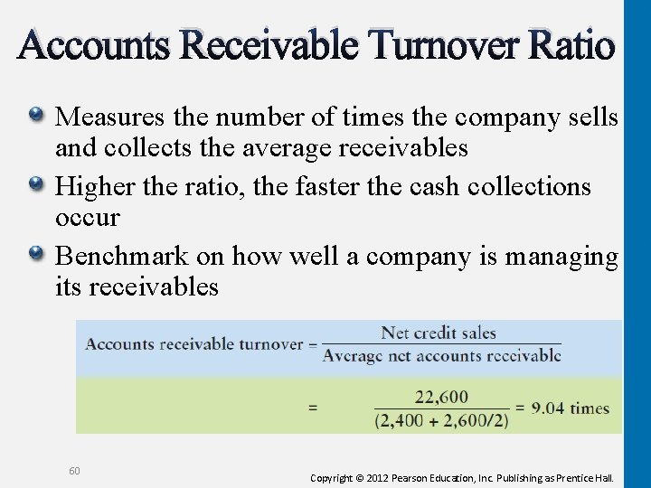 Accounts Receivable Turnover Ratio Measures the number of times the company sells and collects