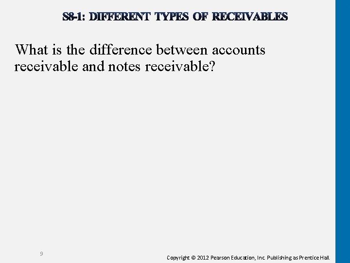 What is the difference between accounts receivable and notes receivable? 9 Copyright © 2012