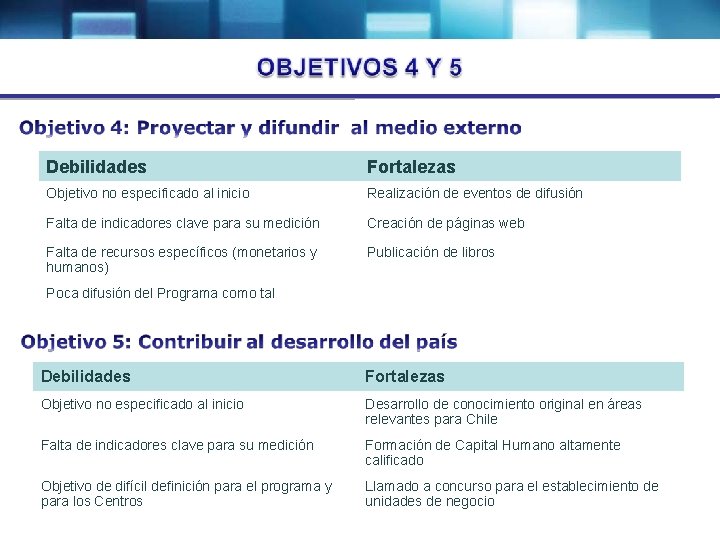 Debilidades Fortalezas Objetivo no especificado al inicio Realización de eventos de difusión Falta de