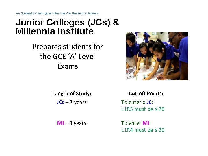 For Students Planning to Enter the Pre-University Schools Junior Colleges (JCs) & Millennia Institute