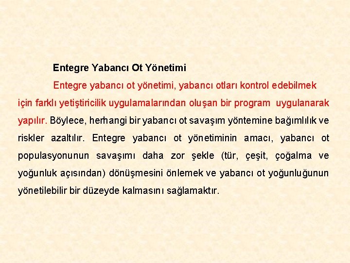 Entegre Yabancı Ot Yönetimi Entegre yabancı ot yönetimi, yabancı otları kontrol edebilmek için farklı