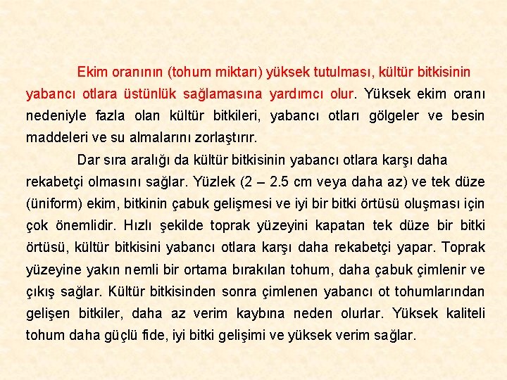 Ekim oranının (tohum miktarı) yüksek tutulması, kültür bitkisinin yabancı otlara üstünlük sağlamasına yardımcı olur.