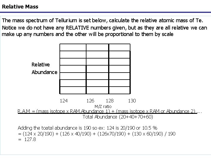 Relative Mass The mass spectrum of Tellurium is set below, calculate the relative atomic