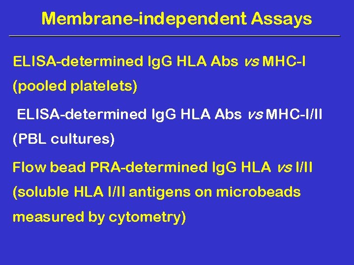 Membrane-independent Assays ELISA-determined Ig. G HLA Abs vs MHC-I (pooled platelets) ELISA-determined Ig. G