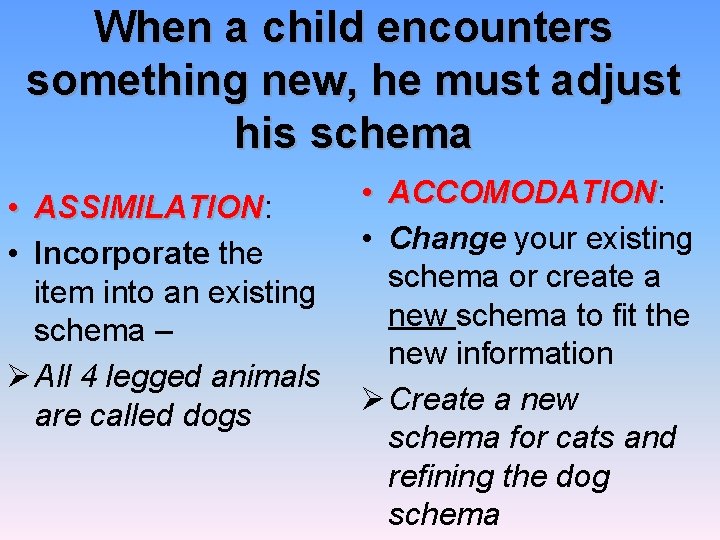 When a child encounters something new, he must adjust his schema • ASSIMILATION: ASSIMILATION
