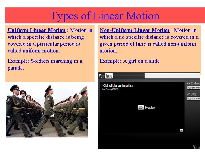 Types of Linear Motion Uniform Linear Motion : Motion in which a specific distance