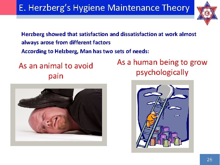 E. Herzberg’s Hygiene Maintenance Theory Herzberg showed that satisfaction and dissatisfaction at work almost