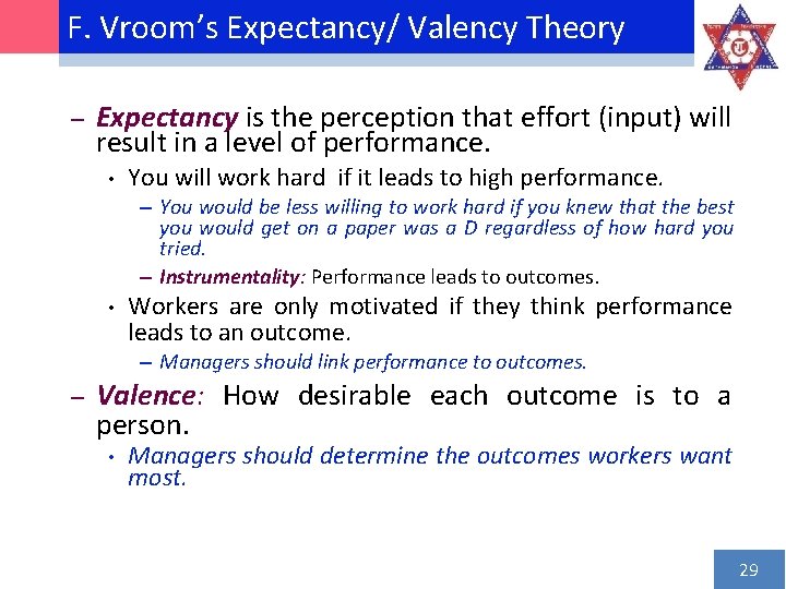 F. Vroom’s Expectancy/ Valency Theory – Expectancy is the perception that effort (input) will