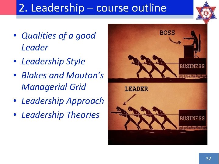 2. Leadership – course outline • Qualities of a good Leader • Leadership Style