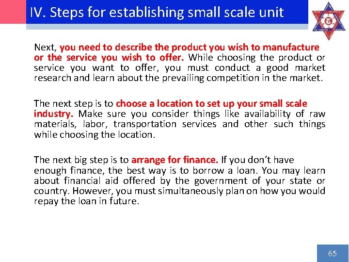 IV. Steps for establishing small scale unit Next, you need to describe the product