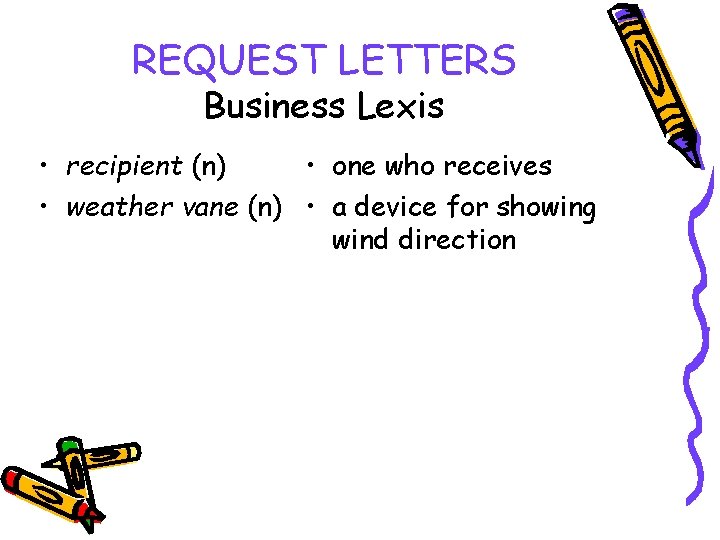 REQUEST LETTERS Business Lexis • recipient (n) • one who receives • weather vane
