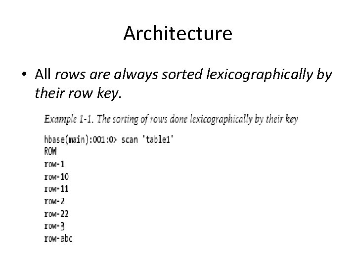 Architecture • All rows are always sorted lexicographically by their row key. 