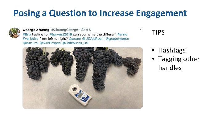 Posing a Question to Increase Engagement TIPS • Hashtags • Tagging other handles 